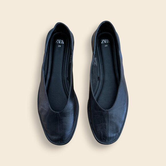 Zara Leather Ballet Flats, Black, Size 8 / 39 - Picture 1 of 4